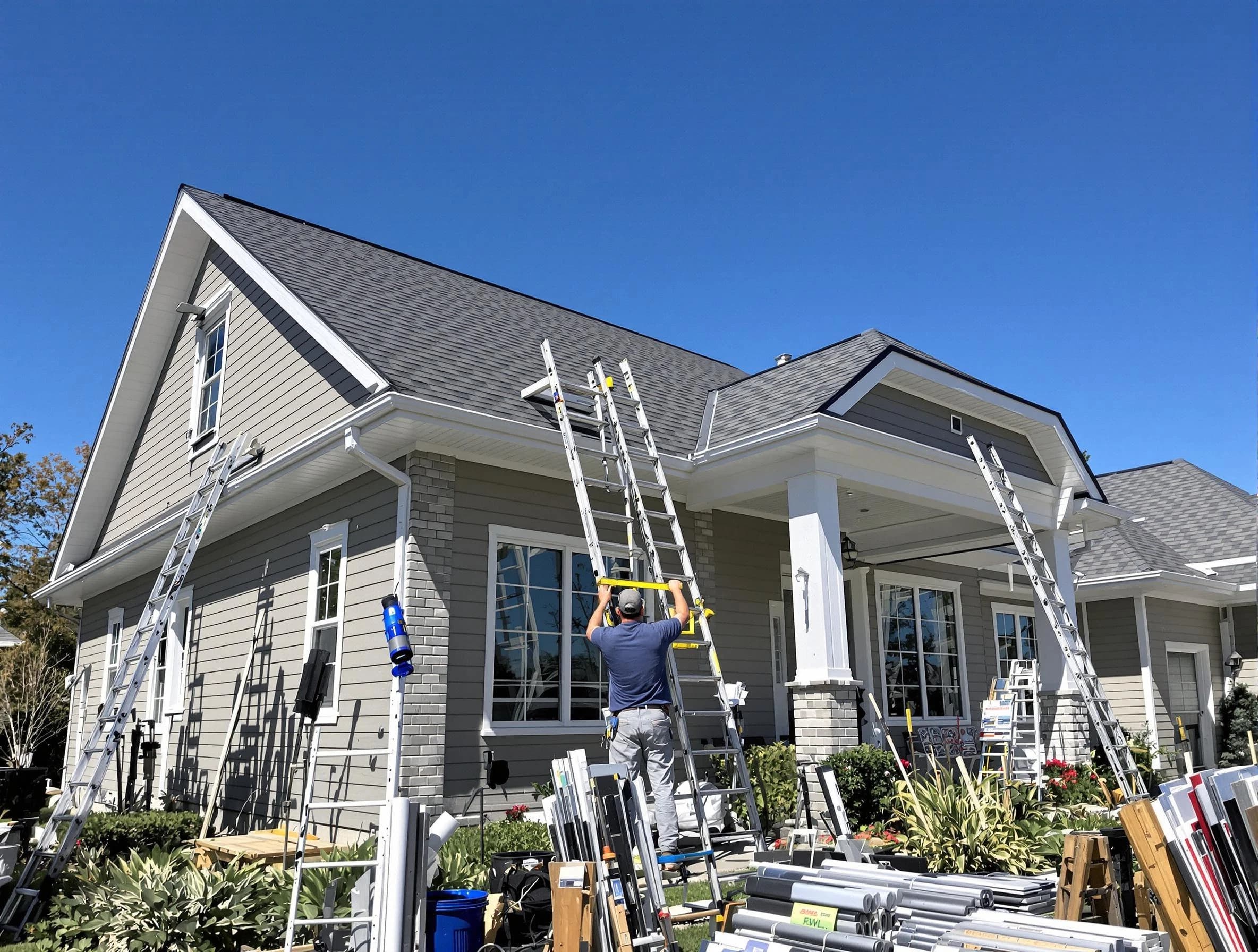 Garfield Heights Roofing Company fitting rain gutters at a home in Garfield Heights, OH