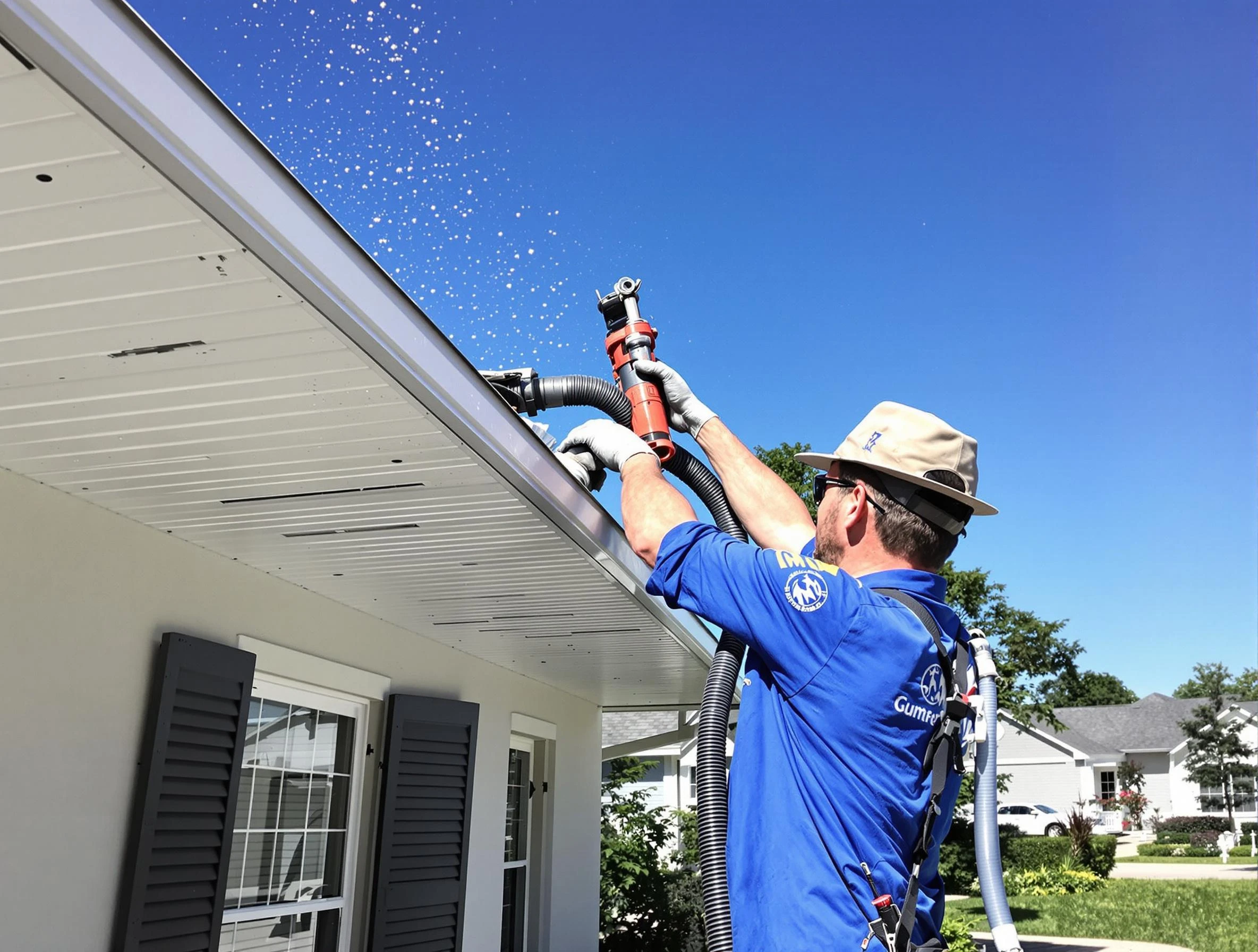 Technician completing a gutter cleaning project by Garfield Heights Roofing Company in Garfield Heights, OH