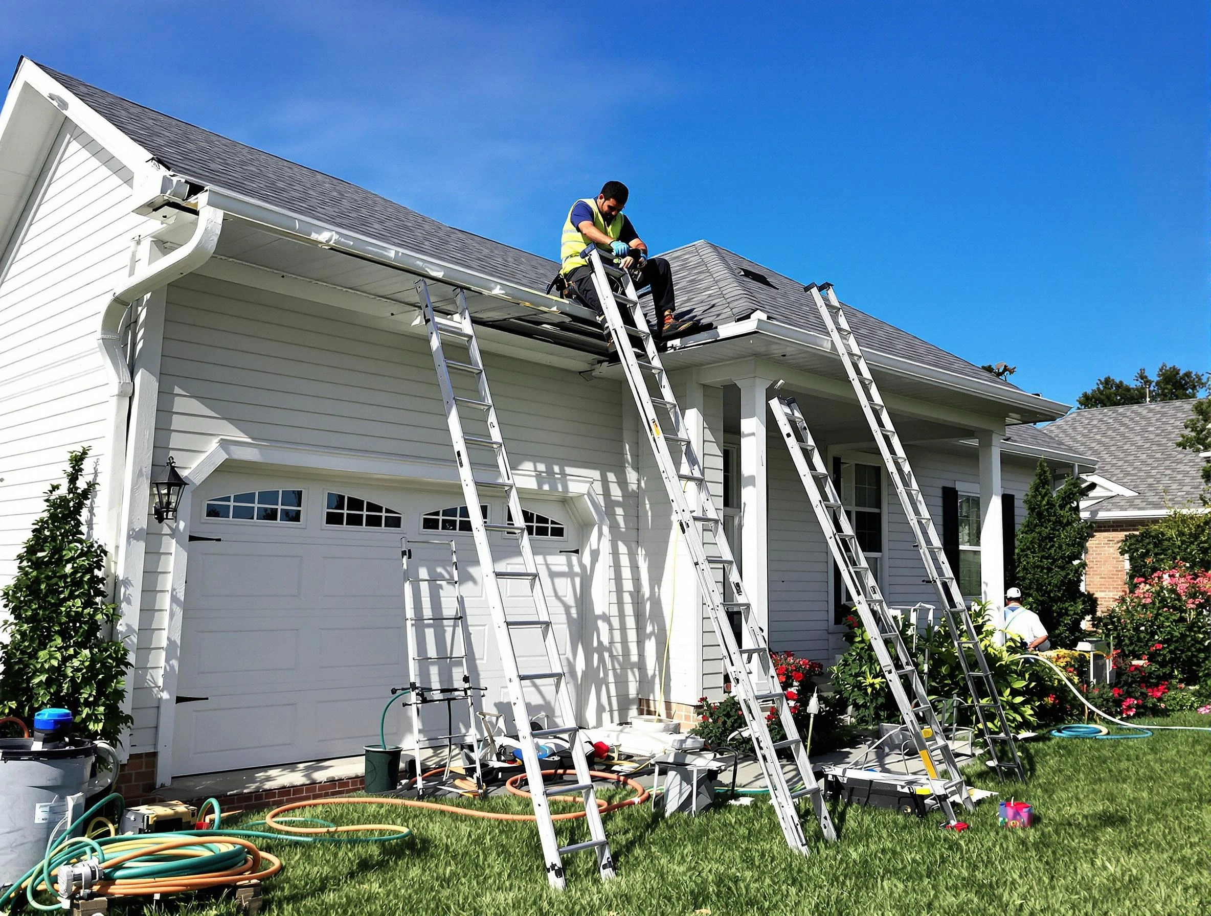Removal of old gutters by Garfield Heights Roofing Company to install new system in Garfield Heights, OH